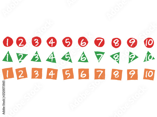 知育・教育向け積み木と手描き数字アイコンセット1〜10｜クレヨン風かすれベタ塗りナンバリング、ステップ見出し、子ども向けUIベクター素材