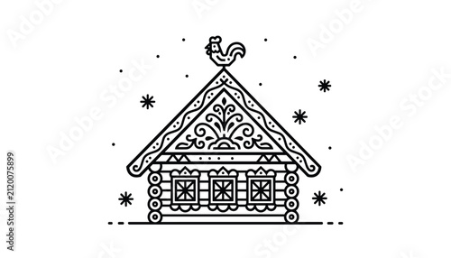 Traditional Russian log house or izba with intricate decorative patterns and rooster weather vane in black and white line art illustration.
