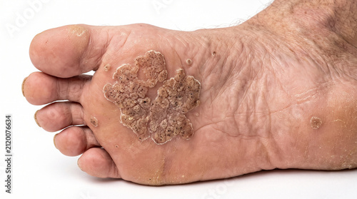 Foto Cluster of Rough Plantar Warts on  Foot - Confluent Verruca Plantaris with Throm