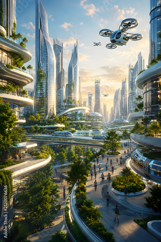 Future metropolis skyline with flying drone taxis, automated transit pods, and green vertical gardens at sunset