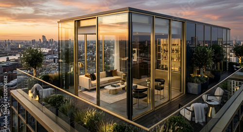 Luxurious penthouse rooftop terrace with modern glass pavilion at sunset