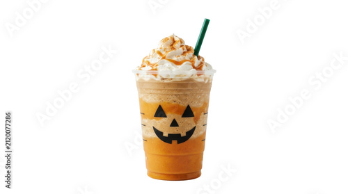  Pumpkin Spice Frappuccino with Whipped Cream and Caramel Drizzle in a Clear Cup Featuring a Black Jack-O-Lantern Face
