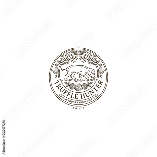 Vintage Truffle Hunter Logo with Dog and Oak Leaves