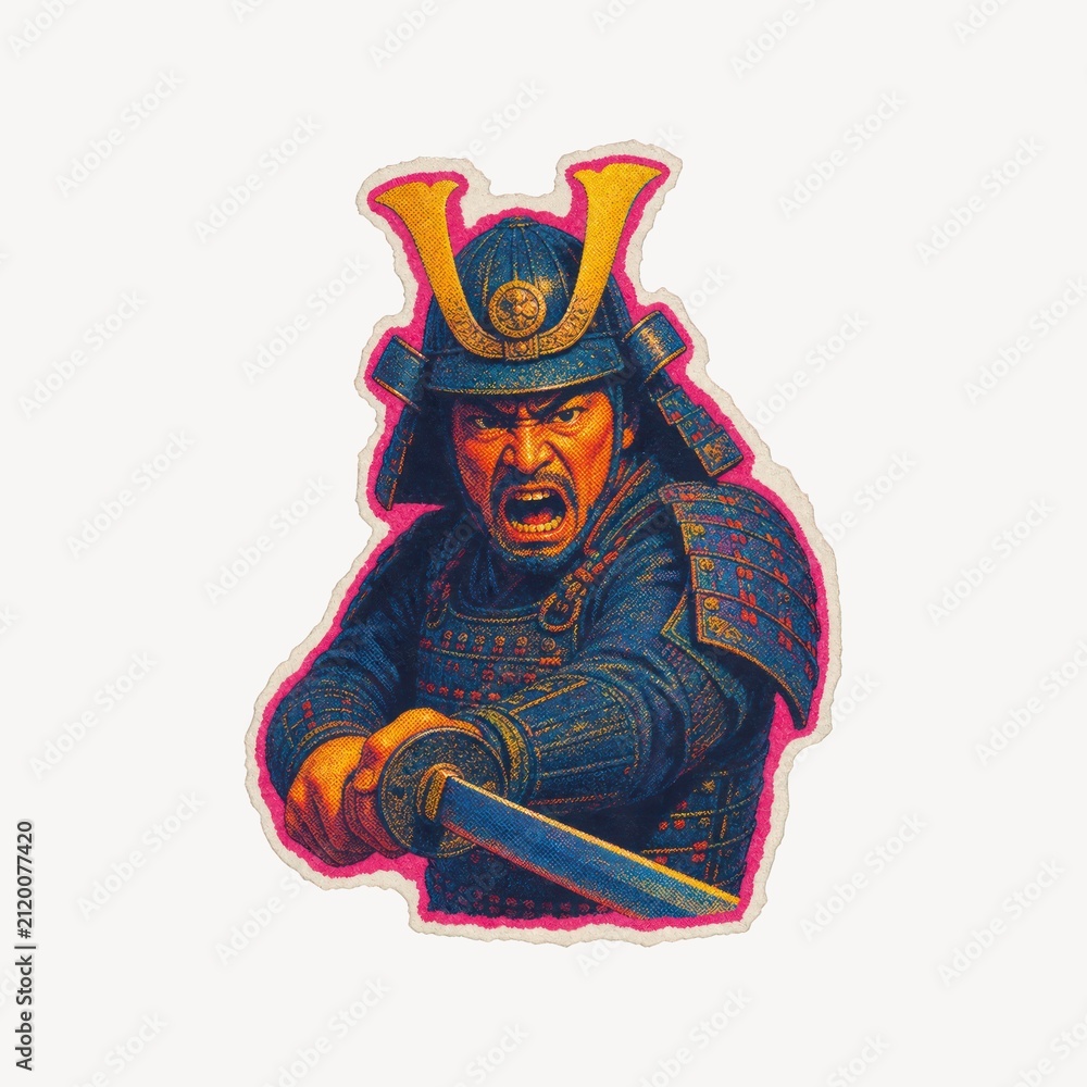 Obraz premium Fierce samurai warrior in armor with sword isolated on transparent background