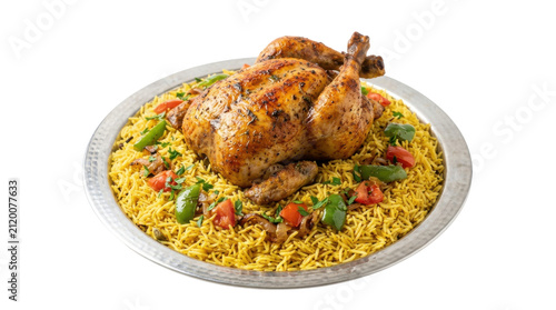 Traditional Whole Roasted Chicken Served on a Bed of Yellow Saffron Rice with Peppers and Tomatoes on a Large Metal Platter
