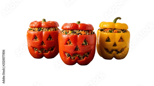 Three Stuffed Bell Peppers Carved Like Halloween Jack-O-Lanterns Filled with Healthy Grain and Bean Salad on Isolated Background
