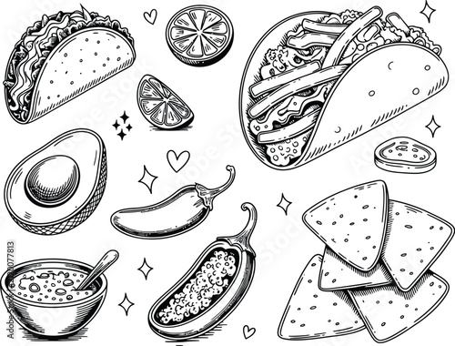 Hand drawn Mexican food doodles, black and white taco and nacho vector set, engraved style avocado and chili pepper illustrations for restaurant menus