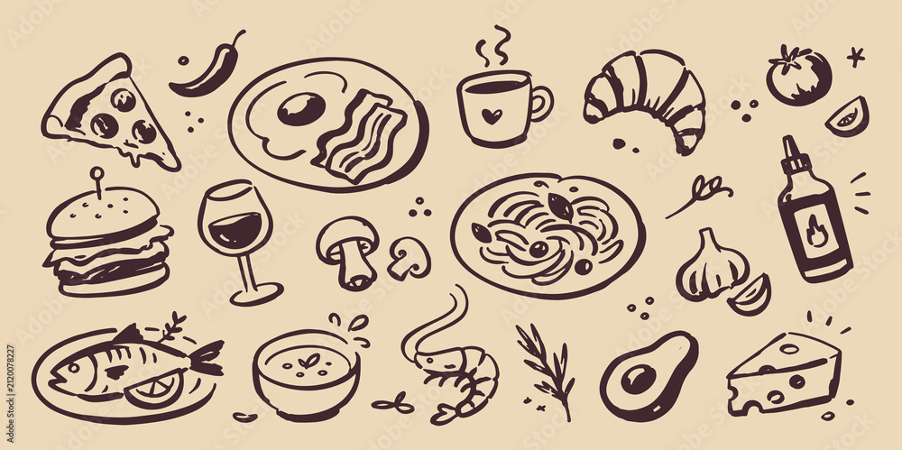 Obraz premium Food and Drinks Doodle Vector Set Illustration