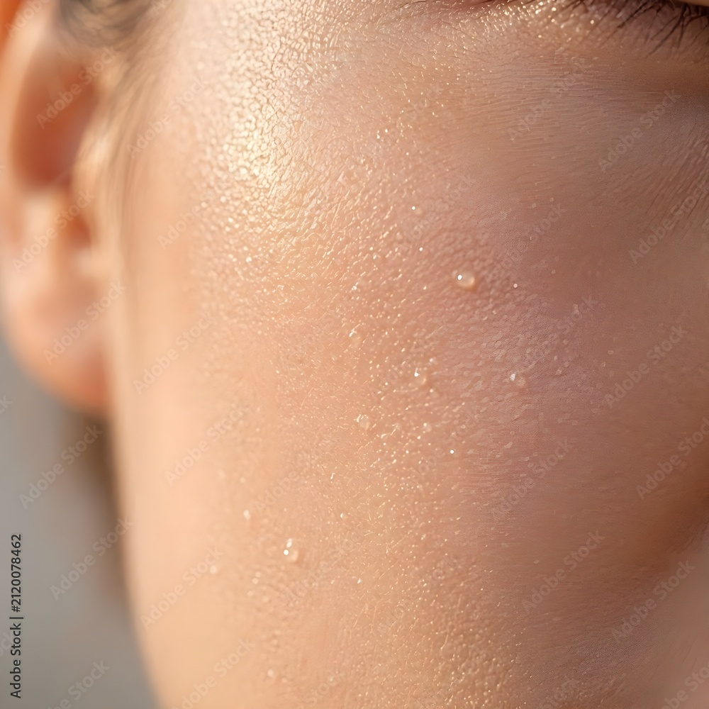 Fototapeta premium Extreme Close Up of Clean Hydrated Human Skin Texture showing Water Droplets Moisture Pores and Natural Glow