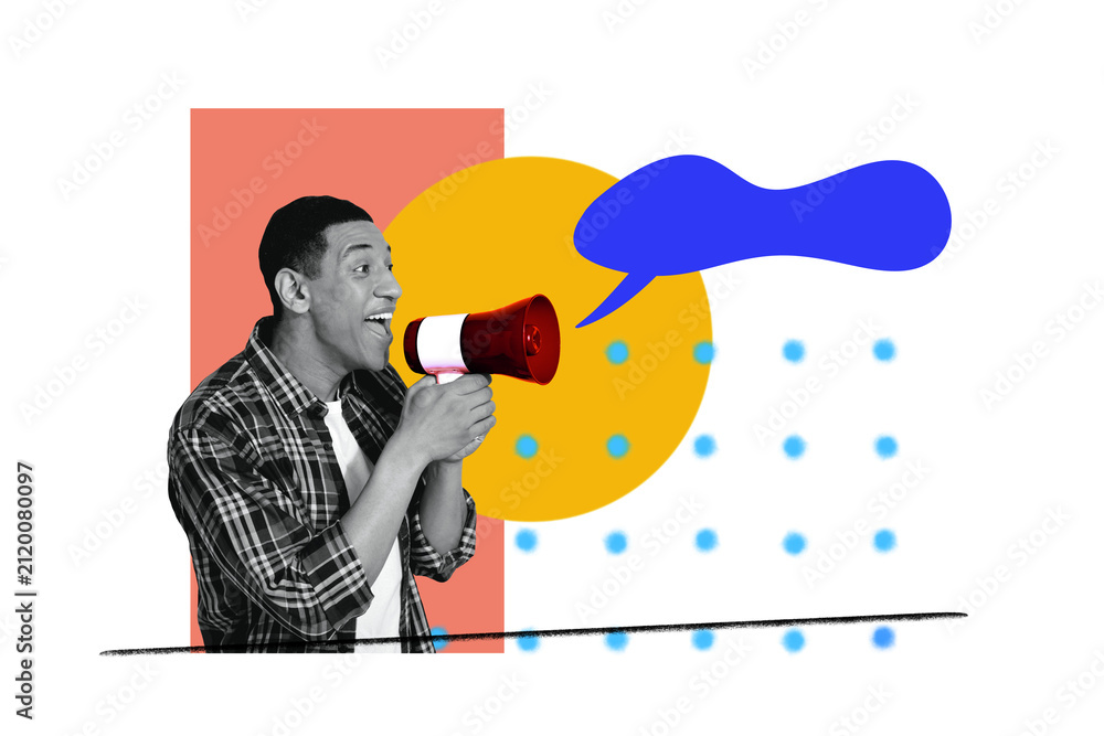 Fototapeta premium Composite trend artwork sketch image collage of monochrome young guy smile hand hold megaphone talk proclaim leader speech cloud message