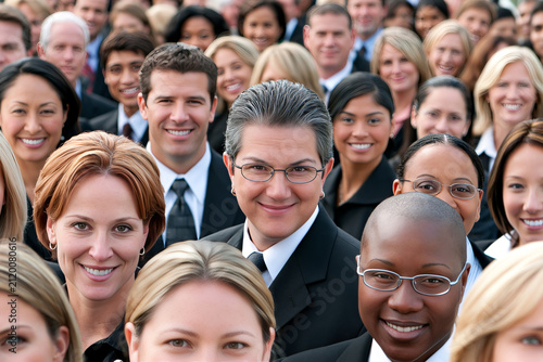 Diverse crowd of smiling business professionals representing teamwork and corporate diversity.