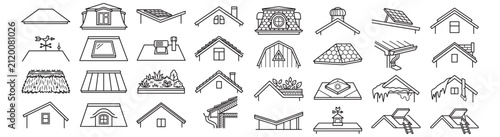 Roof Icons Set:  Black Outline Roof Types and Roofing Elements Vector Collection
