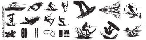 Wakeboarding and Watersports Icon Set With Boat, Wakeboarders, Skis and Safety Gear Silhouettes