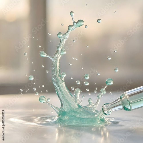 High Speed Action Splash of Hydrating Liquid Serum Dropping from Glass Pipette for Skincare and Cosmetic Technology Concept