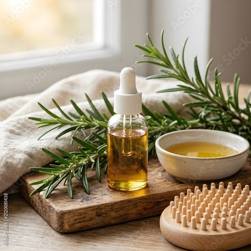 Natural Hair and Scalp Care Set featuring Rosemary Oil Dropper Bottle with Fresh Rosemary Sprigs and Wooden Scalp Massager Brush
