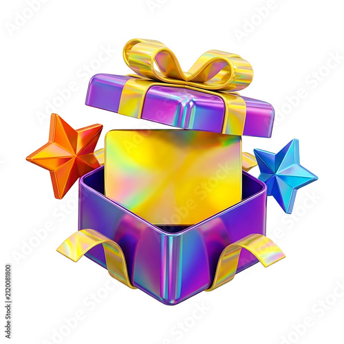 Open holographic gift box with golden bow glows inside beside orange and blue stars, iridescent surprise reward celebration concept icon