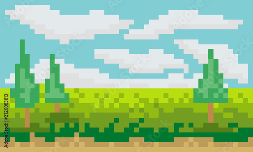 Simple landscape background with green hills and blue sky in pixel art style