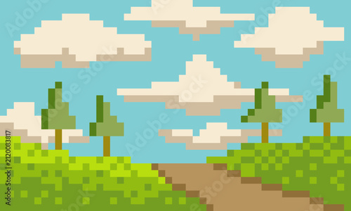 Simple landscape background with rolling green hills and blue sky in pixel art style