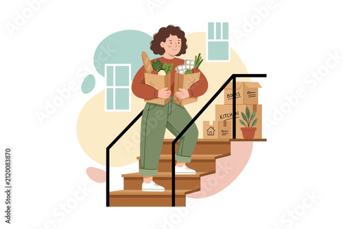 Woman Carrying Groceries Up Stairs