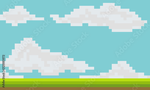 Landscape background with green hills and blue sky in pixel art style.