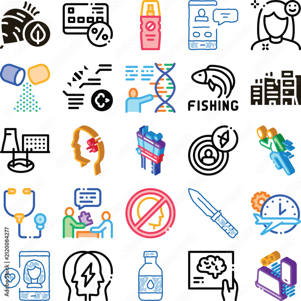 Fototapeta premium Variety of colorful vector icons illustrating diverse concepts including technology, finance, health, communication, and various human activities, perfect for ui design and conceptual representation