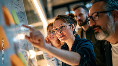 Group of developers collaborating around a whiteboard covered in diagrams and sticky notes, modern tech office, AI research team, with copy space