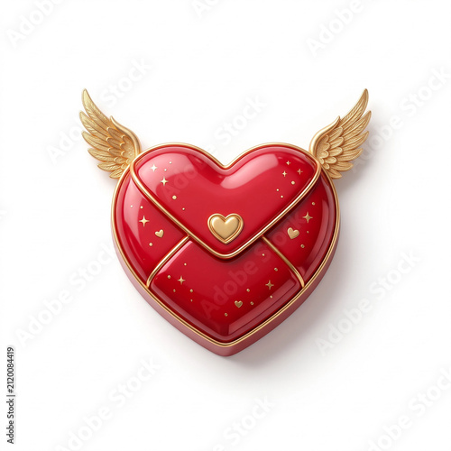 Red Heart Shaped Love Envelope with Golden Wings 3D Illustration