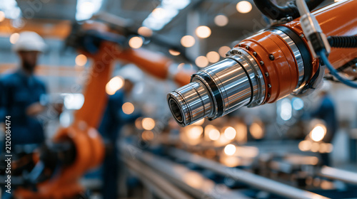 Wide shot of a modern factory floor with robotic arms and assembly line workers in the background, industrial manufacturing, with copy space