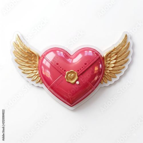 Glossy Pink Heart with Golden Wings Isolated on White Background