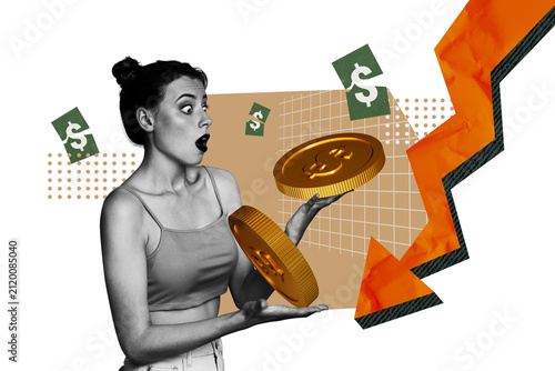 Принти на полотні Creative image collage young woman shocked golden coins money recession stocks d