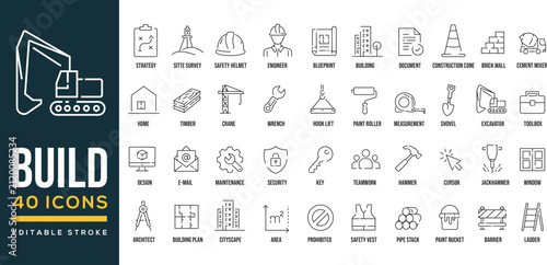 Construction Line Icons Collection with Editable Stroke – Building, Architecture, Engineering, Contractor Tools, Blueprint, House Renovation, Vector Set