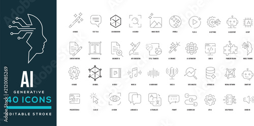 Generative AI Line Icons Collection with Editable Stroke, Artificial Intelligence, AI Tools, AI Assistant, Machine Learning, Prompt Engineering, AI Agent, Automation, Neural Network Vector Set