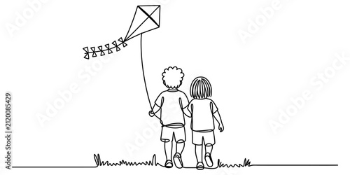 Little boy and girl playing together with a kite in a simple continuous line drawing style