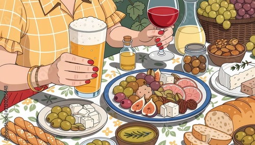 Flat Lay Illustration of Hands Holding Beer and Wine at Dinner Table with Appetizers