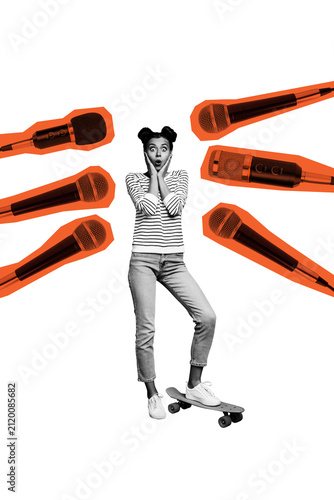 Obraz na plátně Vertical photo collage of astonished girl stand penny board microphone interview