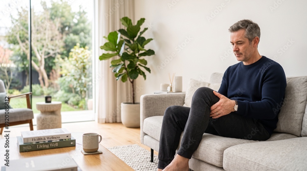 Fototapeta premium Middle aged man touching his painful knee while sitting on sofa at home