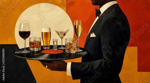 Retro Painting of Waiter Holding Vinyl Record Tray with Cocktails and Alcoholic Drinks