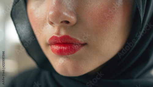 Macro Close Up of Woman Lower Face with Red Lipstick wearing Black Hijab