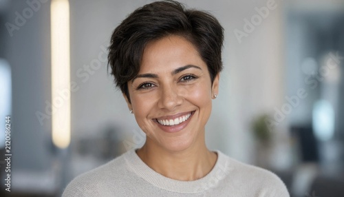 Portrait of Smiling Confident Middle Aged Woman with Short Dark Pixie Haircut
