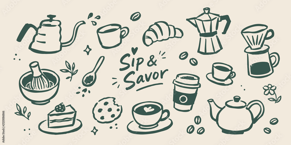Obraz premium Coffee and Tea Doodle Vector Set Illustration