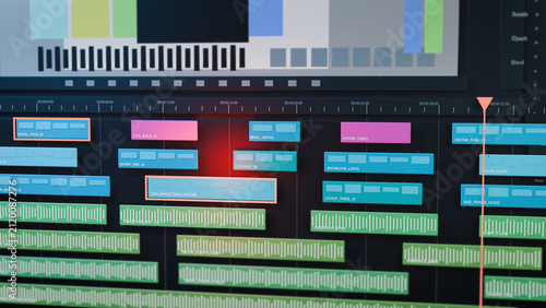 Obraz na plátne Professional editing timeline displays organized footage, titles, audio tracks, and a moving playhead on a dark workstation, built for media marketing and postproduction ads