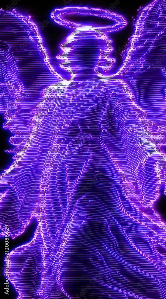 Fototapeta premium Neon purple angel silhouette with halo, perfect for mobile wallpaper.