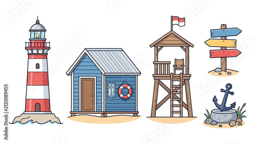 Set of beach and nautical featuring a red and white lighthouse, blue beach hut, wooden lifeguard tower, directional signpost, and a metal anchor on a rock