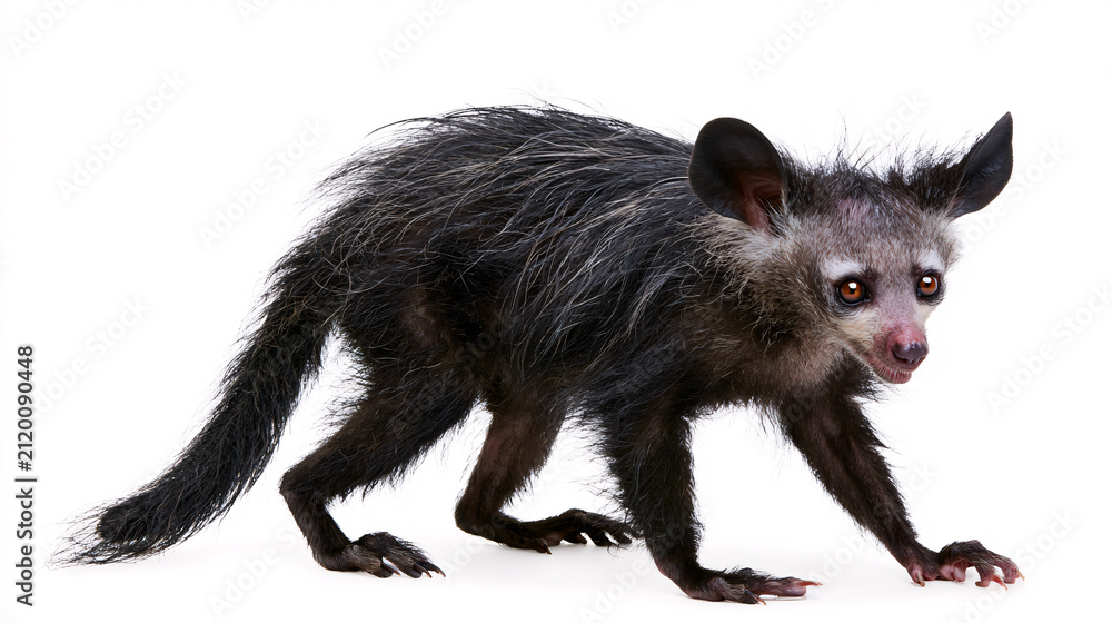 Obraz premium Realistic aye aye lemur isolated on a white background featuring shaggy fur, large ears and distinctive primate anatomy