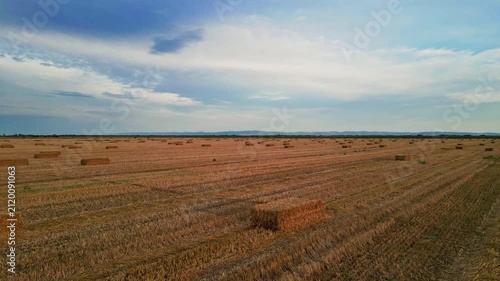 Summer Drone Flight Over Agricultural Landscape with Straw Bales