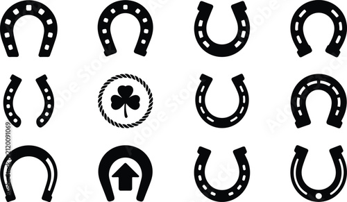 Horseshoe Icon Set Featuring Lucky Horseshoes, Fortune Symbol, Clover Badge, and Equestrian Good Luck Signs for Western and Gaming Designs
