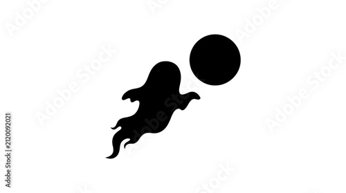 Fotografie Ghost silhouette with flowing wisps and a circular head floats alongside a solid black circle on a stark white background, creating a minimalist Halloween-themed graphic