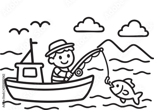 Fishing Boat Coloring Page Black and White Vector Illustration for Kids