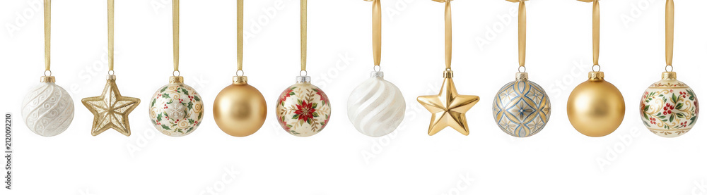 Obraz premium Collection of various christmas baubles and star ornaments hanging on a string isolated on transparent background