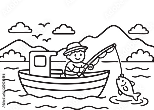Fishing Boat Coloring Page Black and White Vector Illustration for Kids